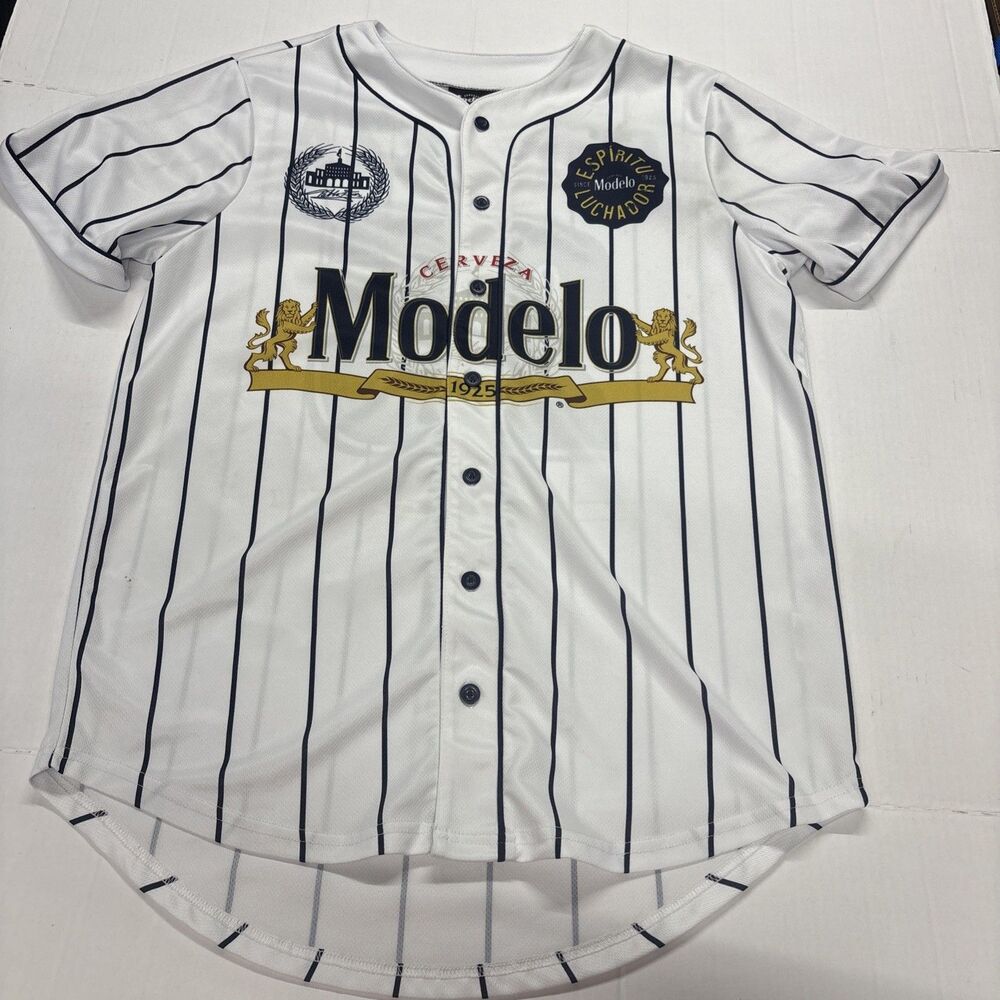 Modelo Shirt Mens Medium White Pinstripe Baseball Jersey Cerveza 25 Beer